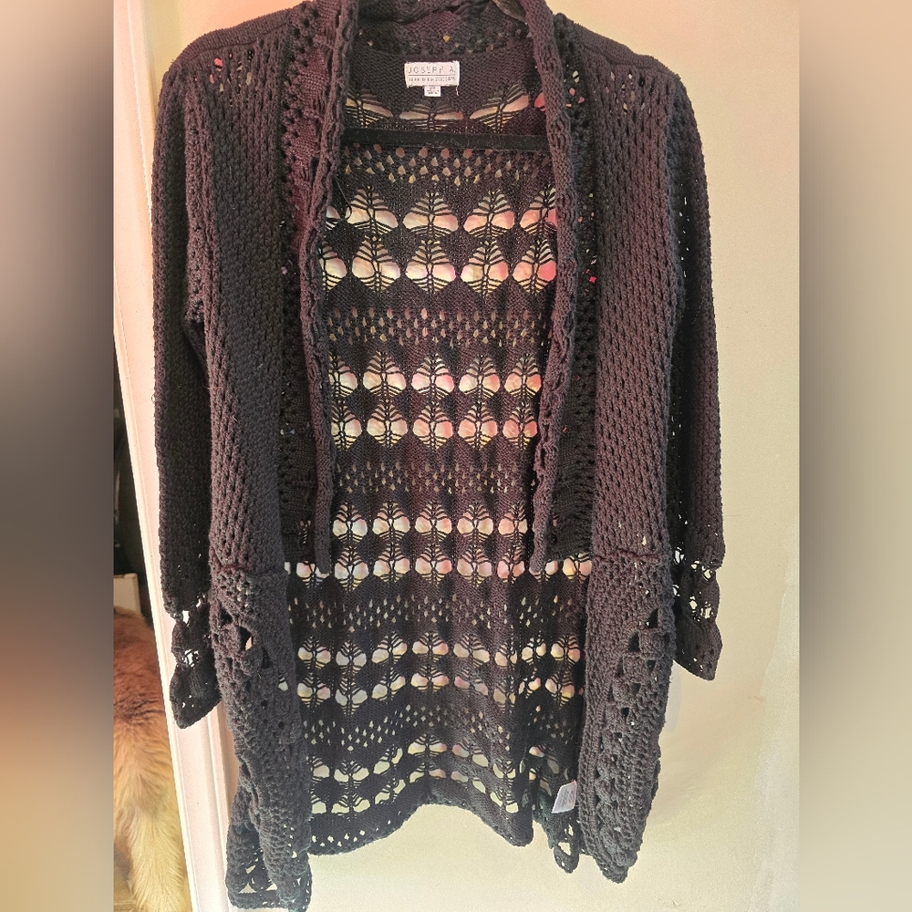 Cotton, long, sift open , boho knit, black cardigan, size extra small